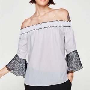 Zara Off-Shoulder Lace Sleeve Blouse - White and Black